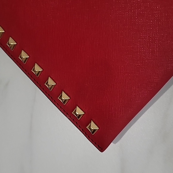 MICHAEL KORS Jet Set Selma XL Red Leather Gold Studded Pochette Wristlet Clutch - Picture 13 of 15